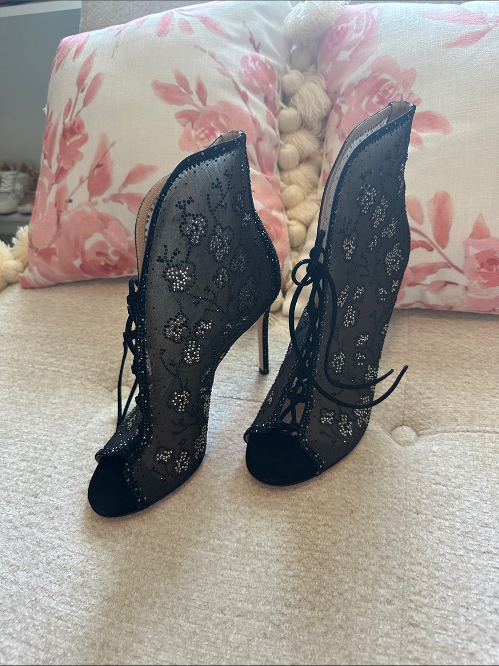 Gianvito Rossi Black Lace Peep-Toe Stiletto Booties